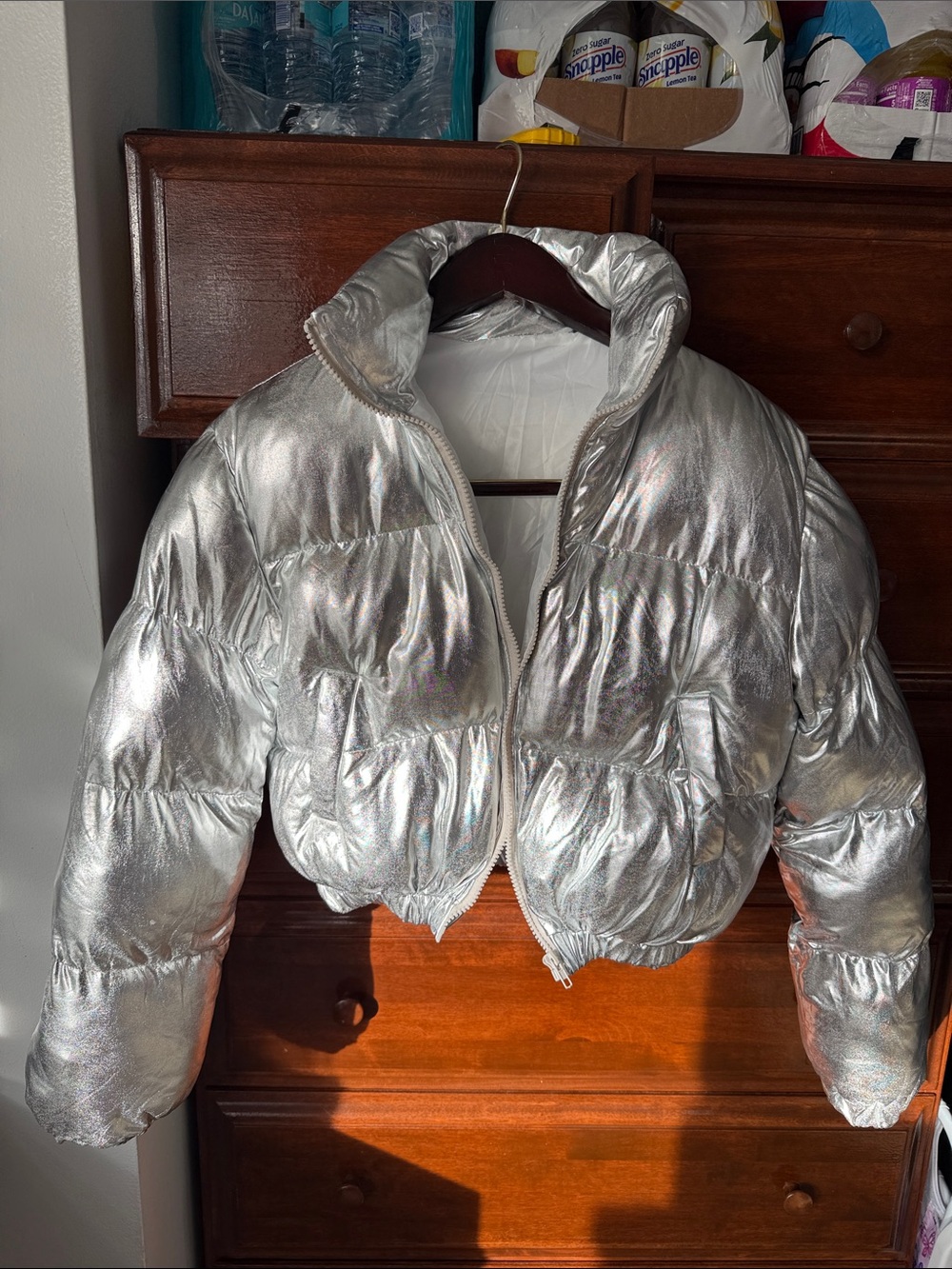 Silver Puffer Jacket - Women's Metallic Cropped Coat